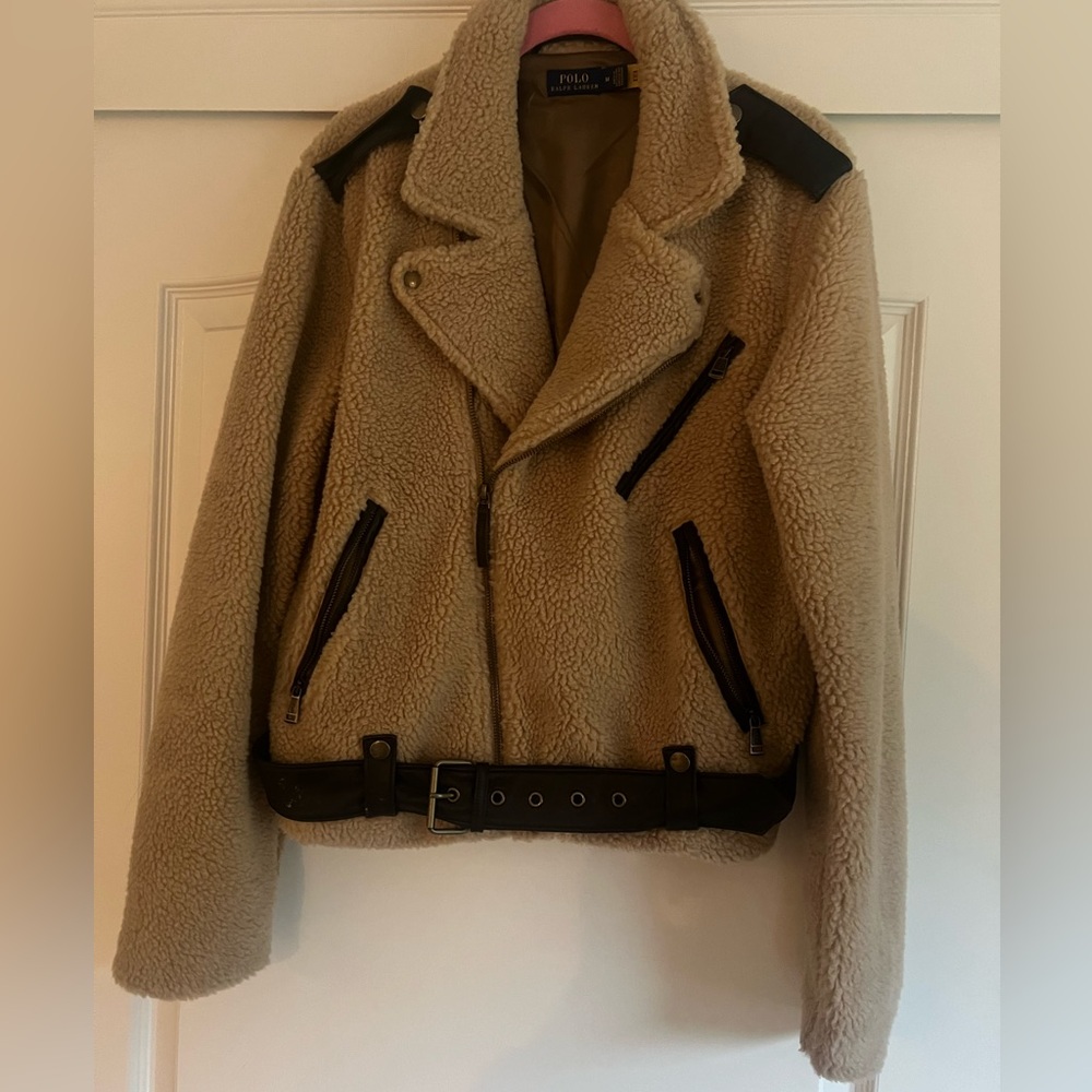 Polo by Ralph Lauren Beige Sherpa Moto Jacket with Brown Trim